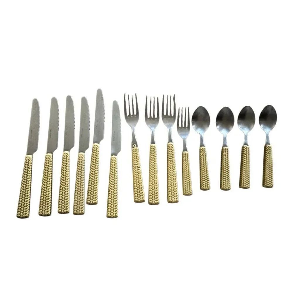 Faux Weaved Bamboo Flatware Lot Of 14